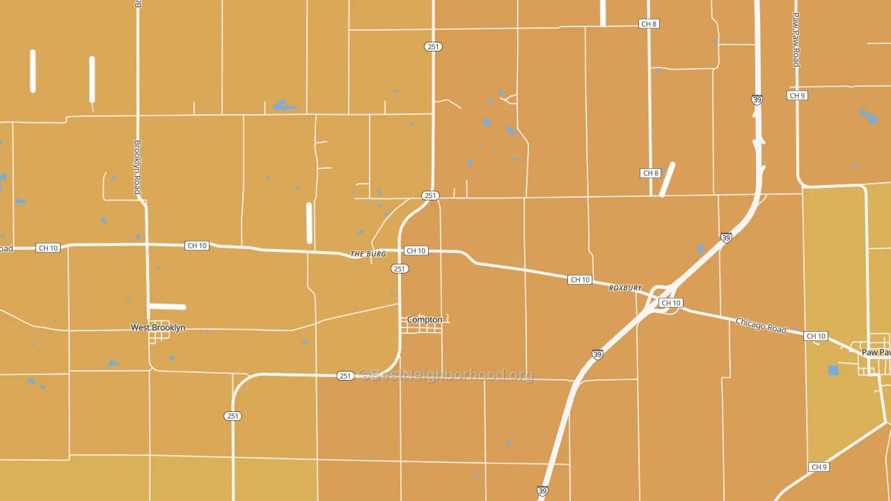 Map of the best neighborhoods in the 61318 area, with better matches in green and worse matches in red