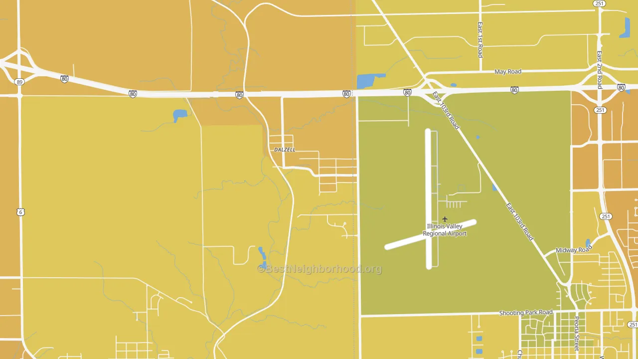 Map of the best neighborhoods in the 61320 area, with better matches in green and worse matches in red