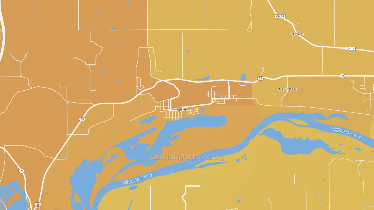 Map of the best neighborhoods in the 61322 area, with better matches in green and worse matches in red