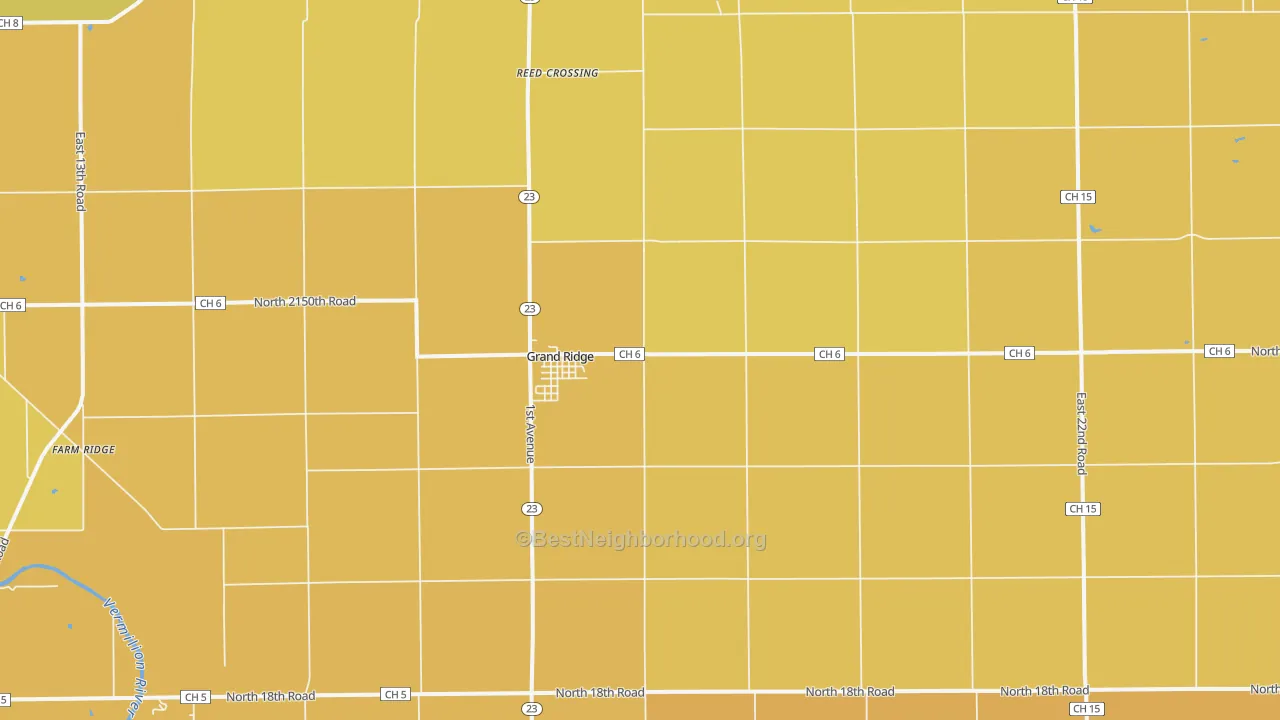 Map of the best neighborhoods in the 61325 area, with better matches in green and worse matches in red