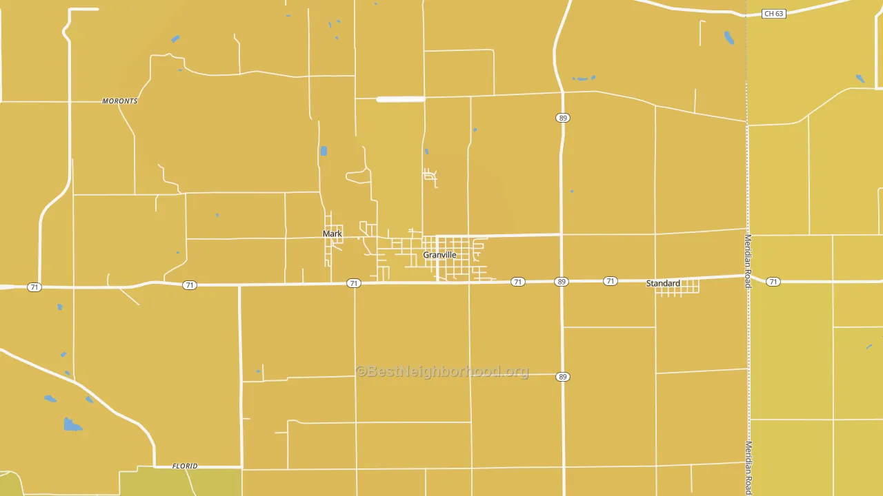 Map of the best neighborhoods in the 61326 area, with better matches in green and worse matches in red