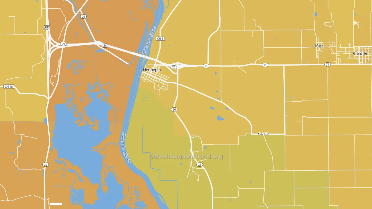 Map of the best neighborhoods in the 61327 area, with better matches in green and worse matches in red