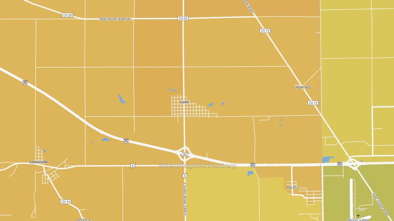 Map of the best neighborhoods in the 61329 area, with better matches in green and worse matches in red