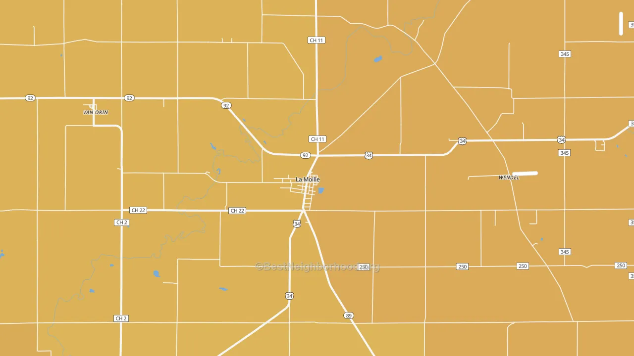 Map of the best neighborhoods in the 61330 area, with better matches in green and worse matches in red