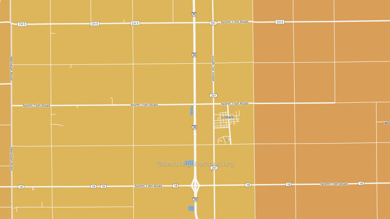 Map of the best neighborhoods in the 61334 area, with better matches in green and worse matches in red