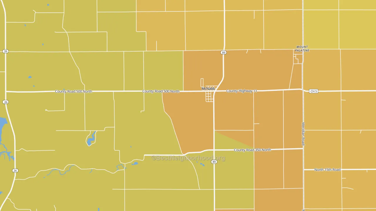 Map of the best neighborhoods in the 61335 area, with better matches in green and worse matches in red