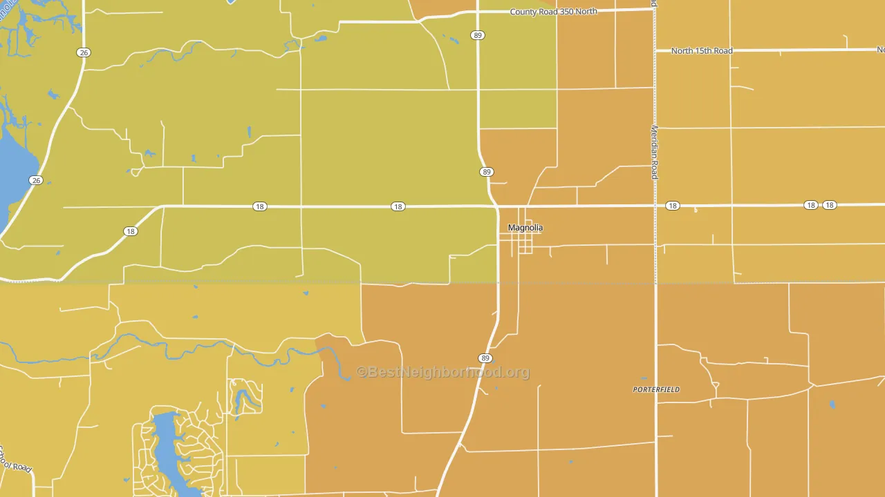 Map of the best neighborhoods in the 61336 area, with better matches in green and worse matches in red