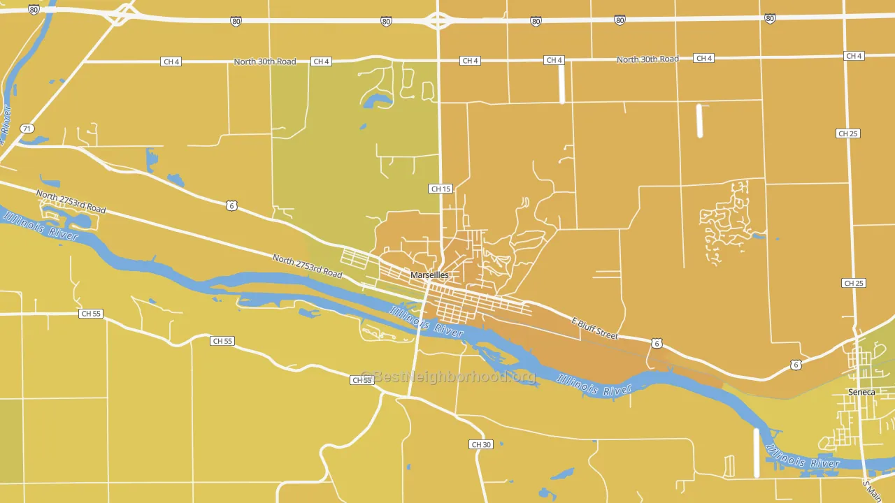 Map of the best neighborhoods in the 61341 area, with better matches in green and worse matches in red