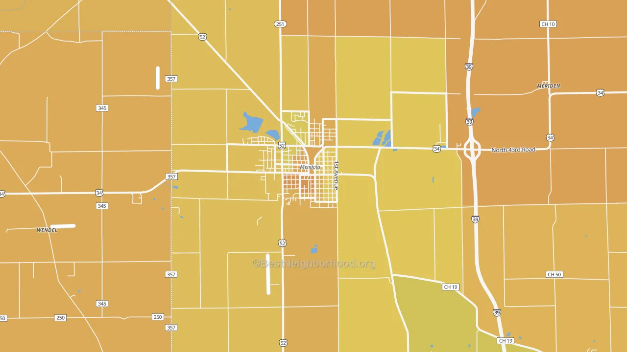 Map of the best neighborhoods in the 61342 area, with better matches in green and worse matches in red