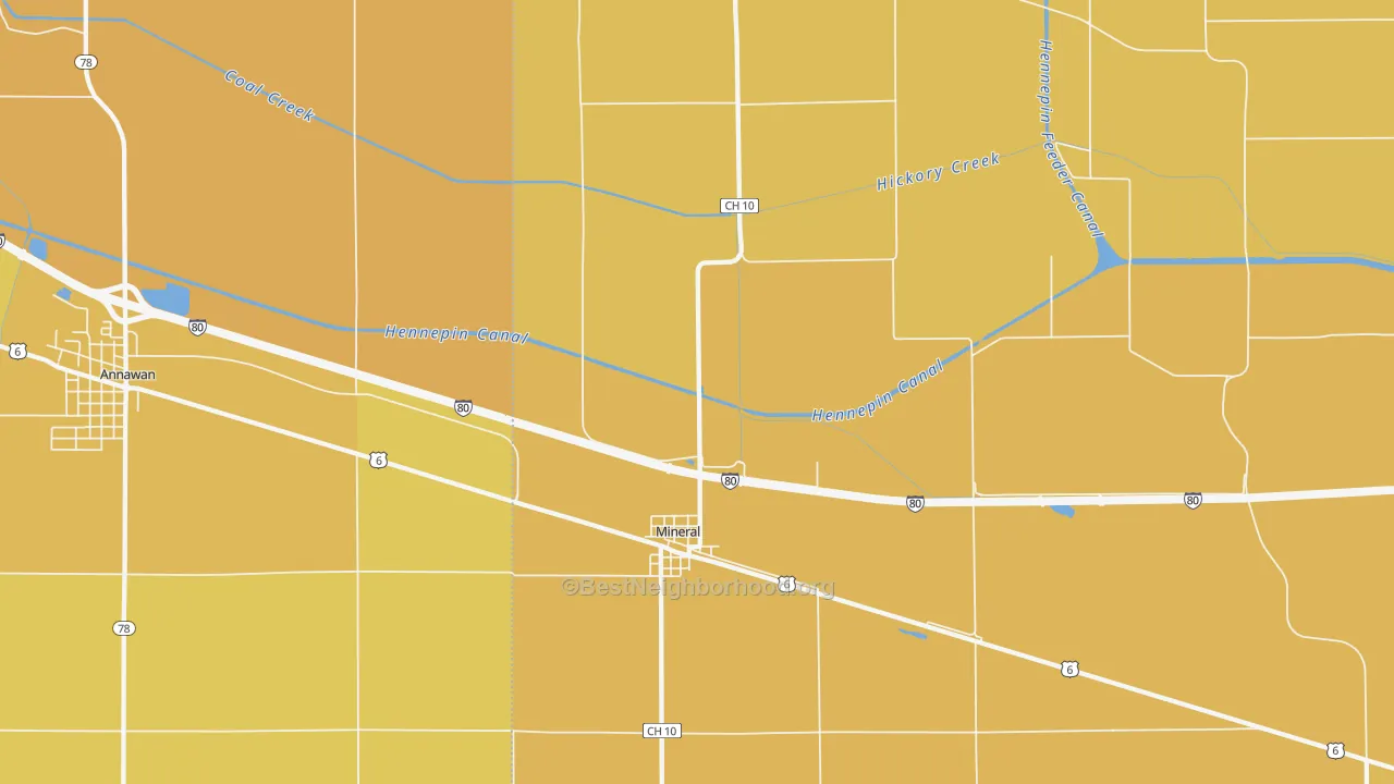 Map of the best neighborhoods in the 61344 area, with better matches in green and worse matches in red