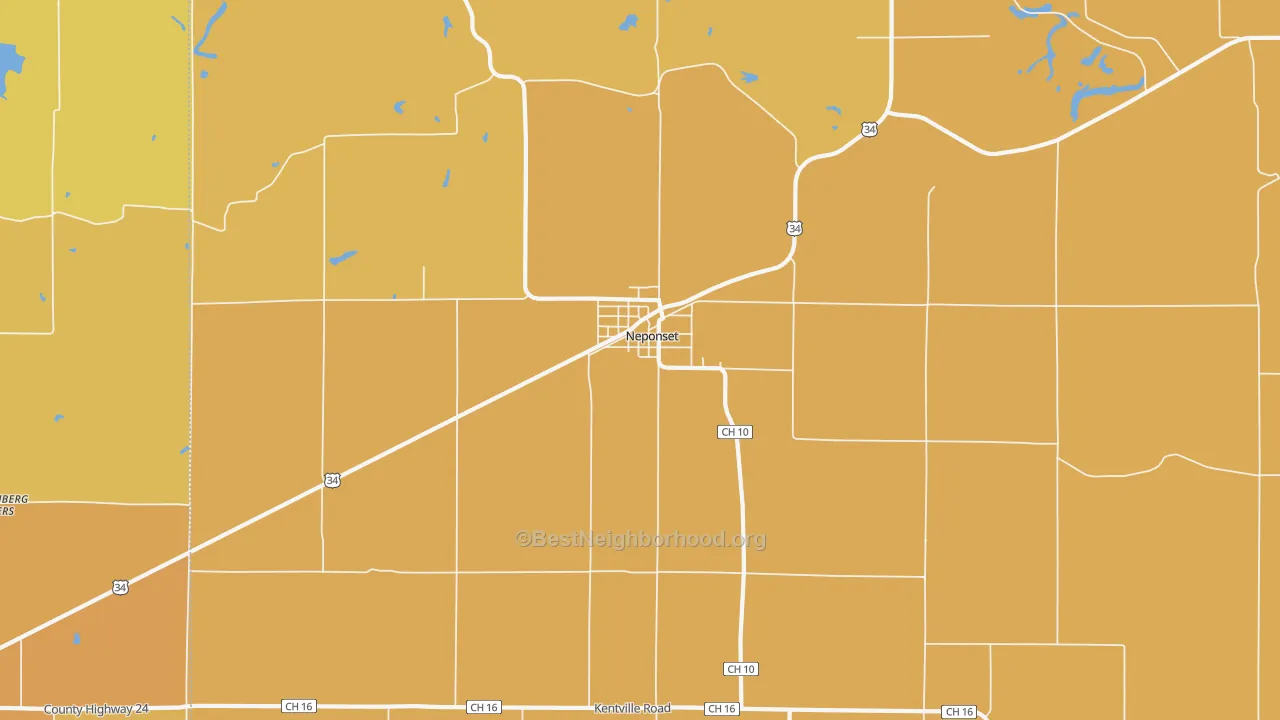 Map of the best neighborhoods in the 61345 area, with better matches in green and worse matches in red