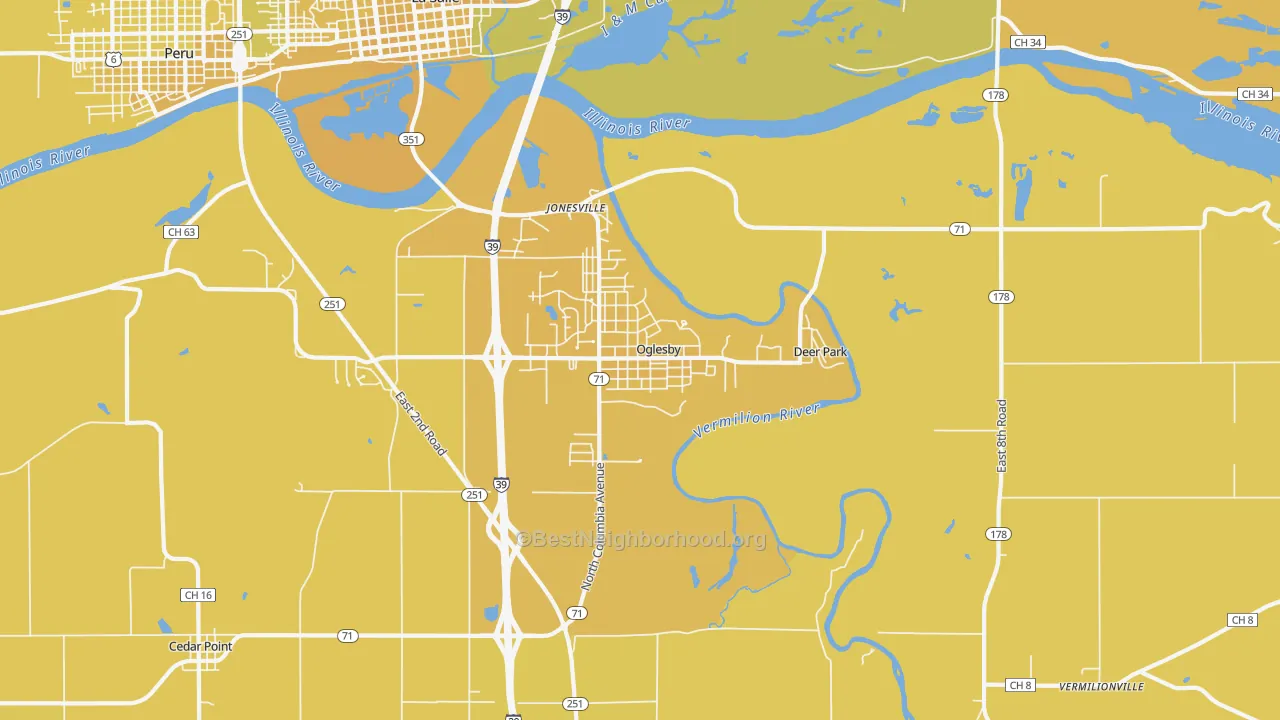 Map of the best neighborhoods in the 61348 area, with better matches in green and worse matches in red