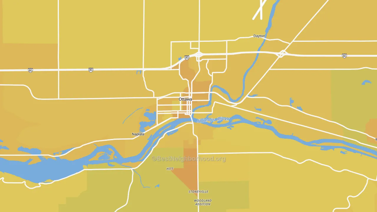 Map of the best neighborhoods in the 61350 area, with better matches in green and worse matches in red