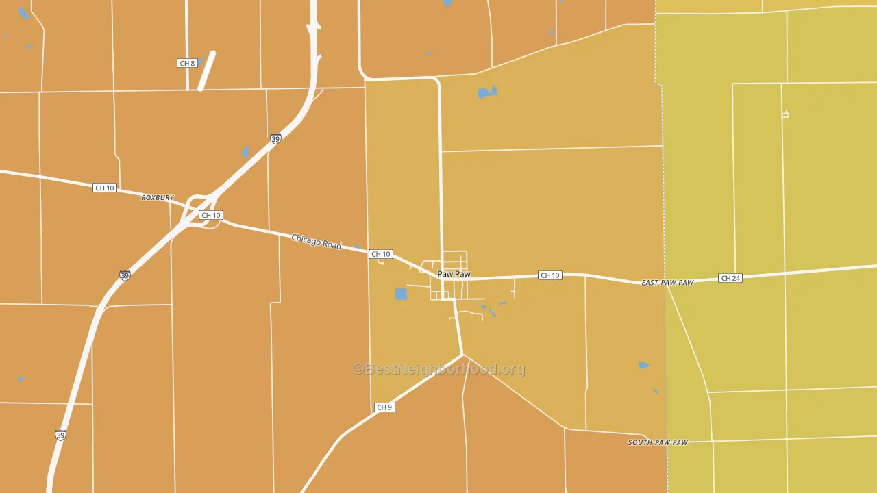 Map of the best neighborhoods in the 61353 area, with better matches in green and worse matches in red
