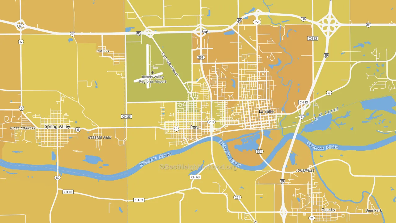 Map of the best neighborhoods in the 61354 area, with better matches in green and worse matches in red