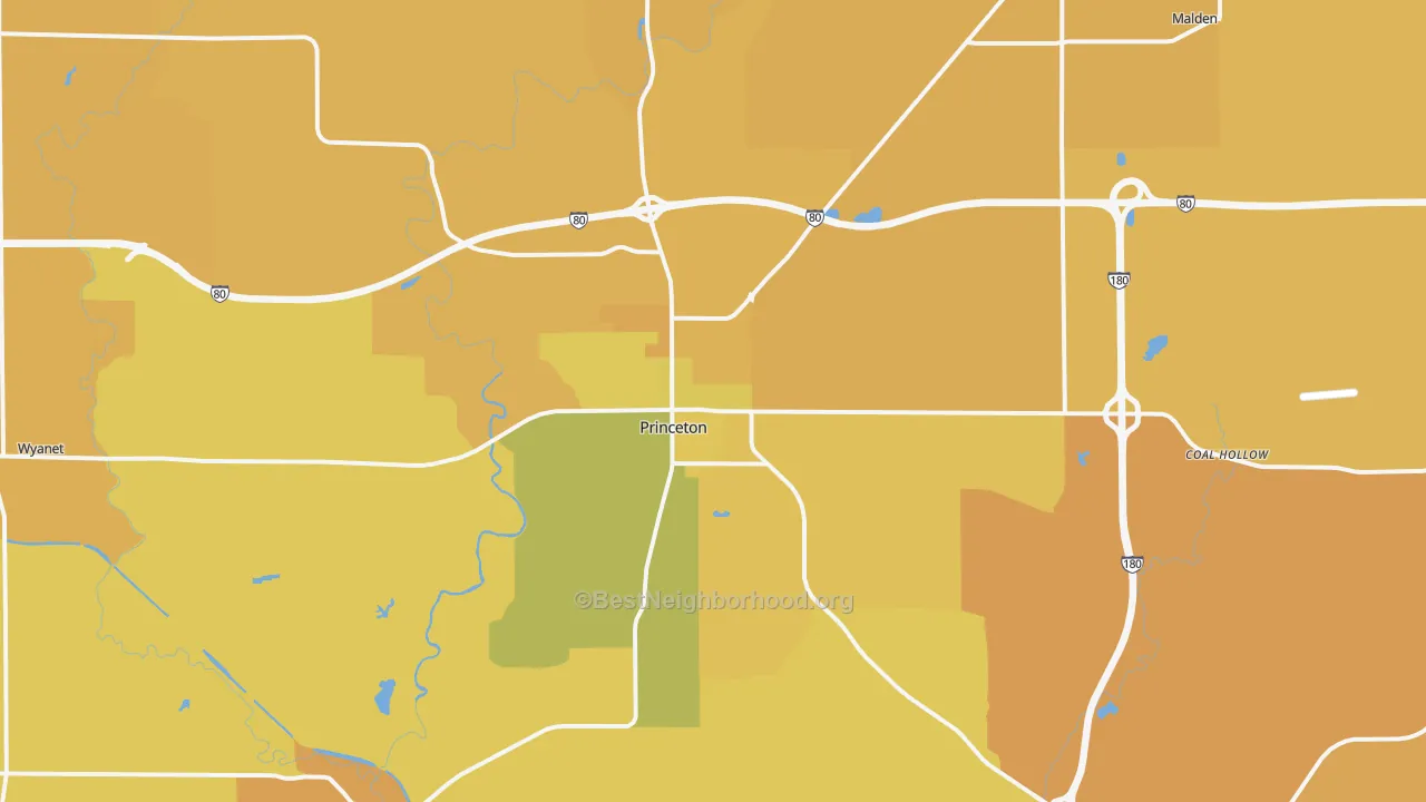 Map of the best neighborhoods in the 61356 area, with better matches in green and worse matches in red