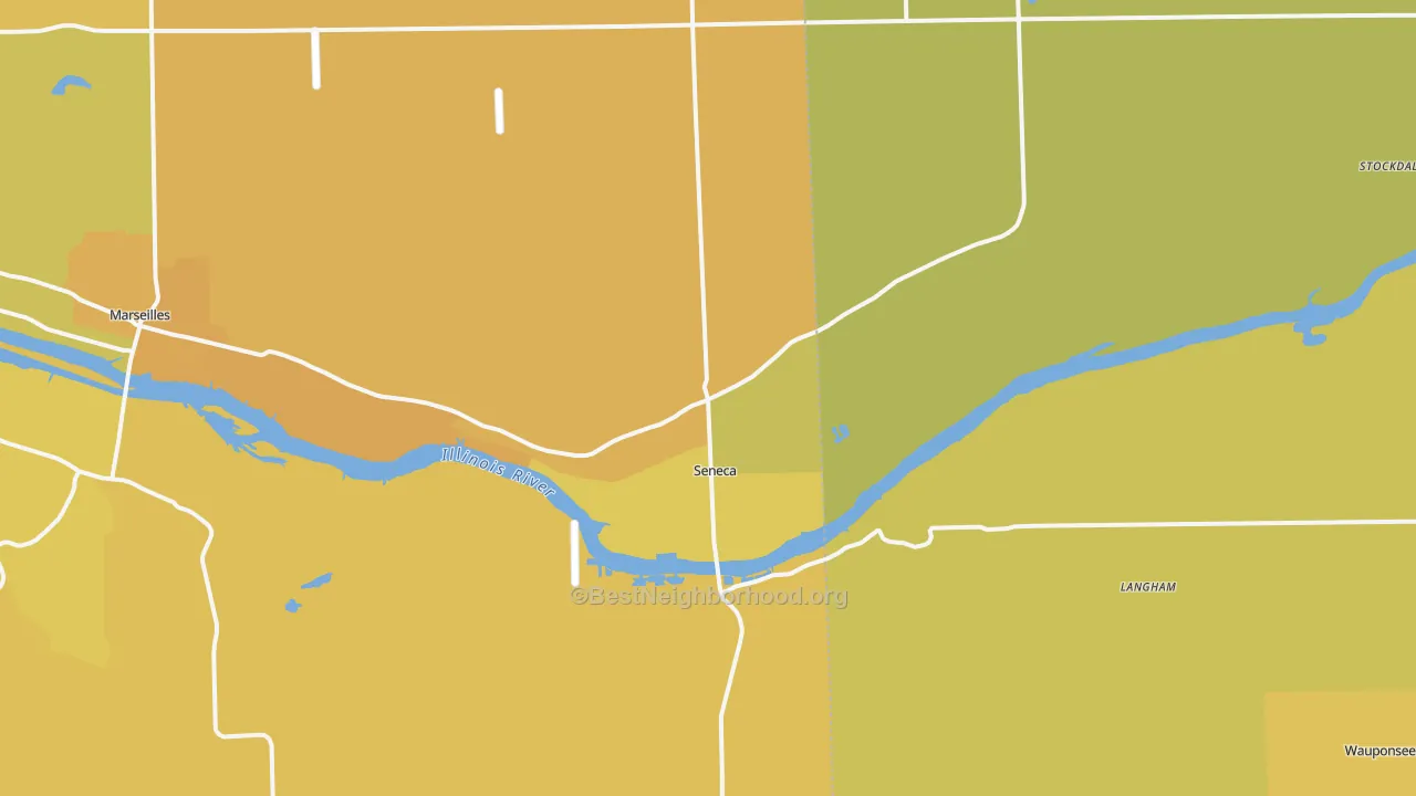 Map of the best neighborhoods in the 61360 area, with better matches in green and worse matches in red
