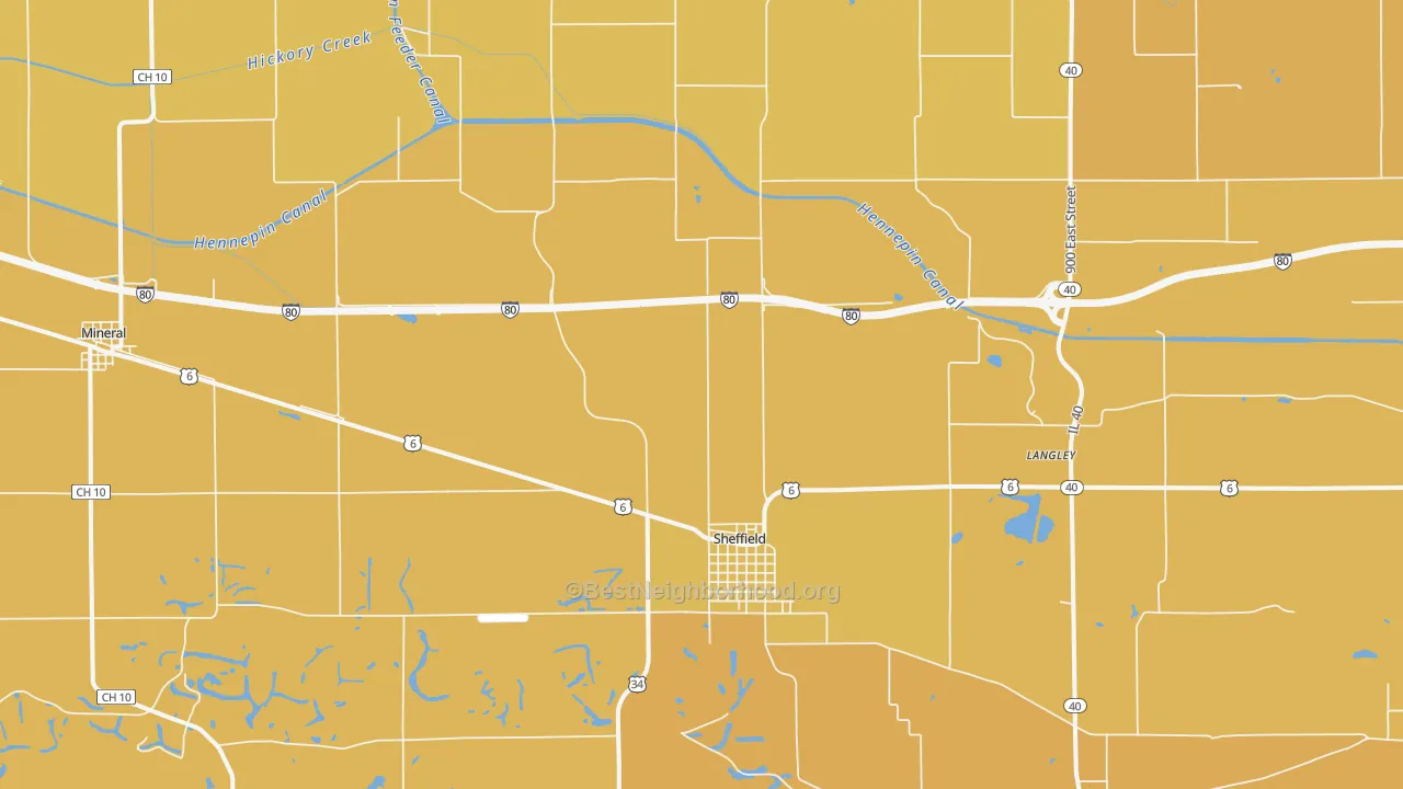 Map of the best neighborhoods in the 61361 area, with better matches in green and worse matches in red