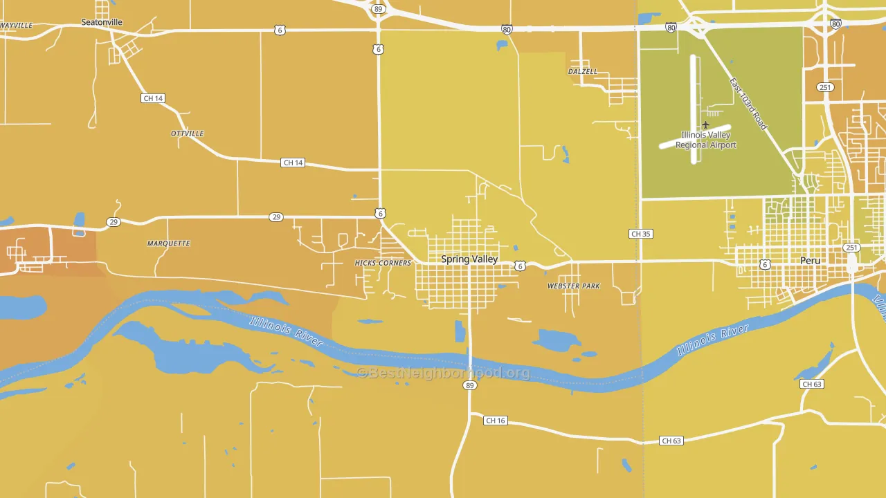 Map of the best neighborhoods in the 61362 area, with better matches in green and worse matches in red