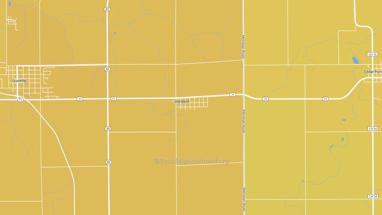 Map of the best neighborhoods in the 61363 area, with better matches in green and worse matches in red