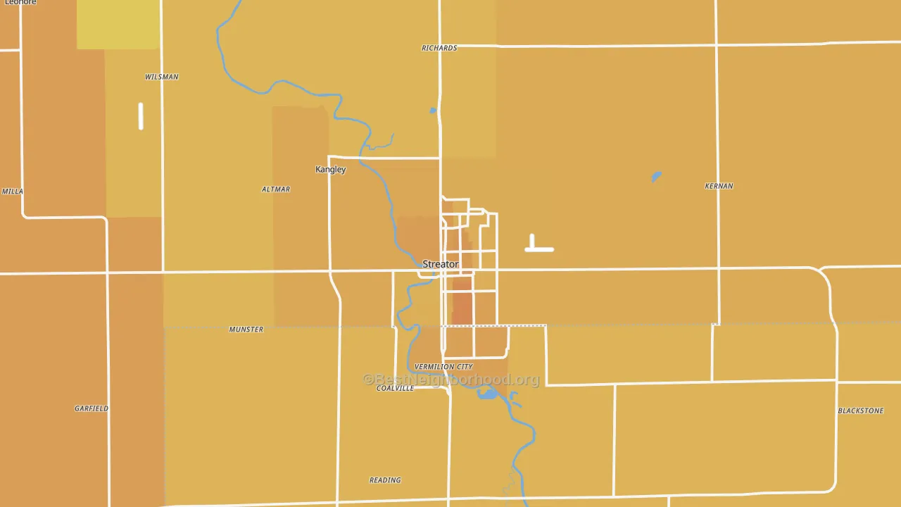 Map of the best neighborhoods in the 61364 area, with better matches in green and worse matches in red