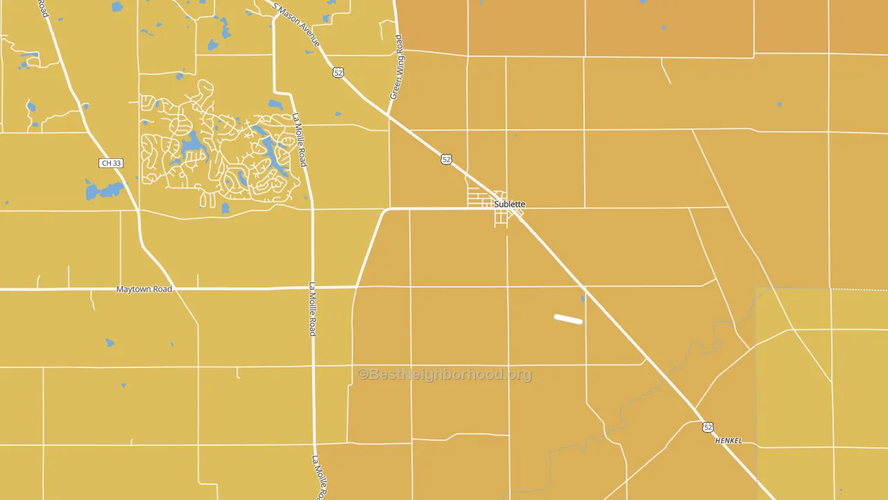 Map of the best neighborhoods in the 61367 area, with better matches in green and worse matches in red