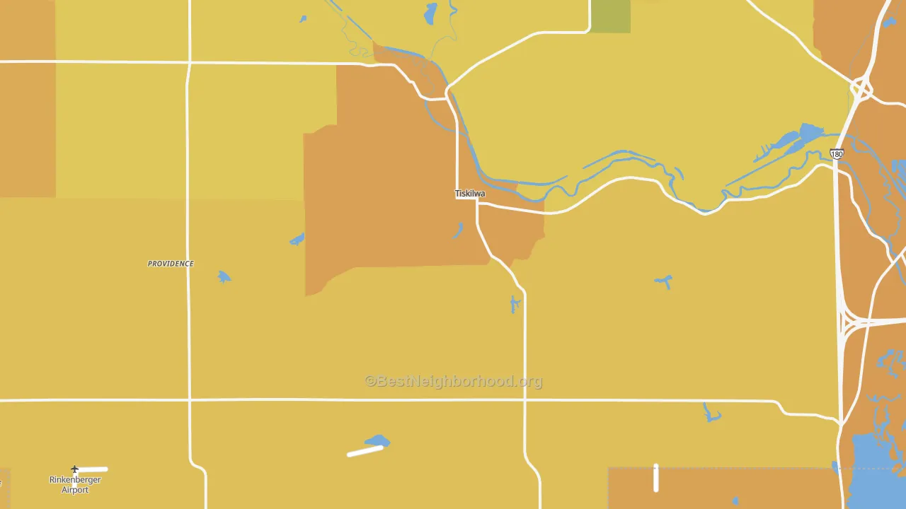 Map of the best neighborhoods in the 61368 area, with better matches in green and worse matches in red