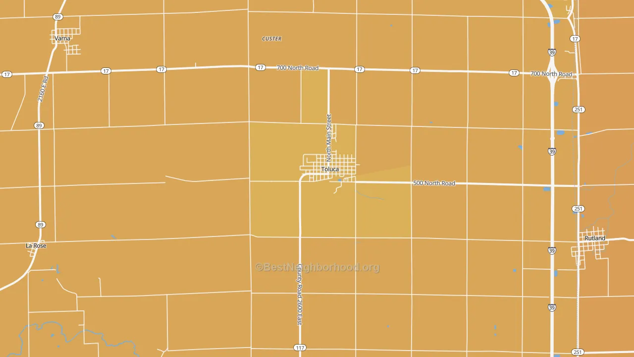 Map of the best neighborhoods in the 61369 area, with better matches in green and worse matches in red