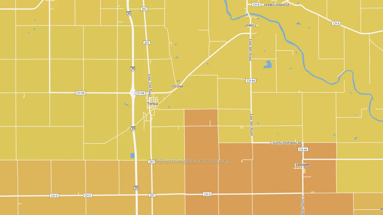 Map of the best neighborhoods in the 61370 area, with better matches in green and worse matches in red