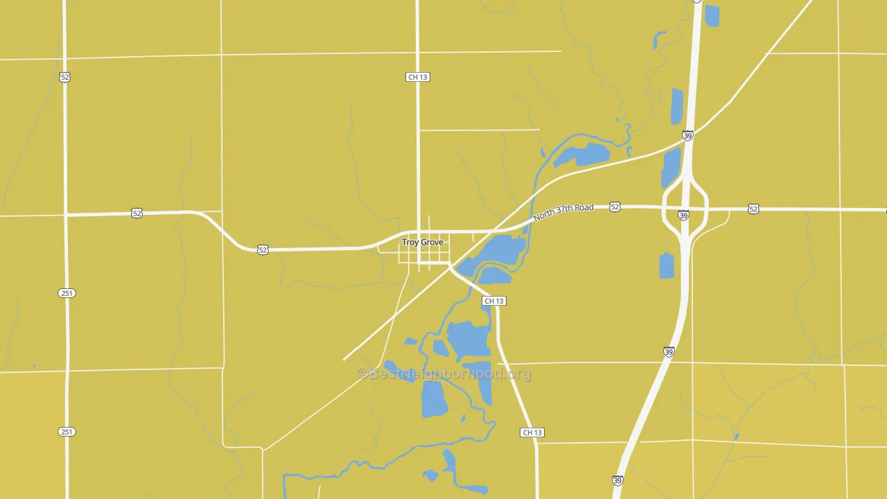 Map of the best neighborhoods in the 61372 area, with better matches in green and worse matches in red