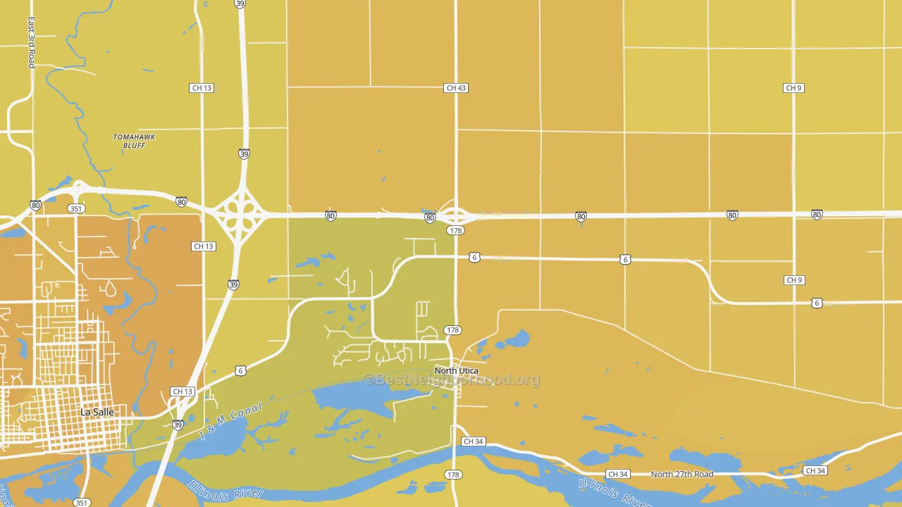 Map of the best neighborhoods in the 61373 area, with better matches in green and worse matches in red