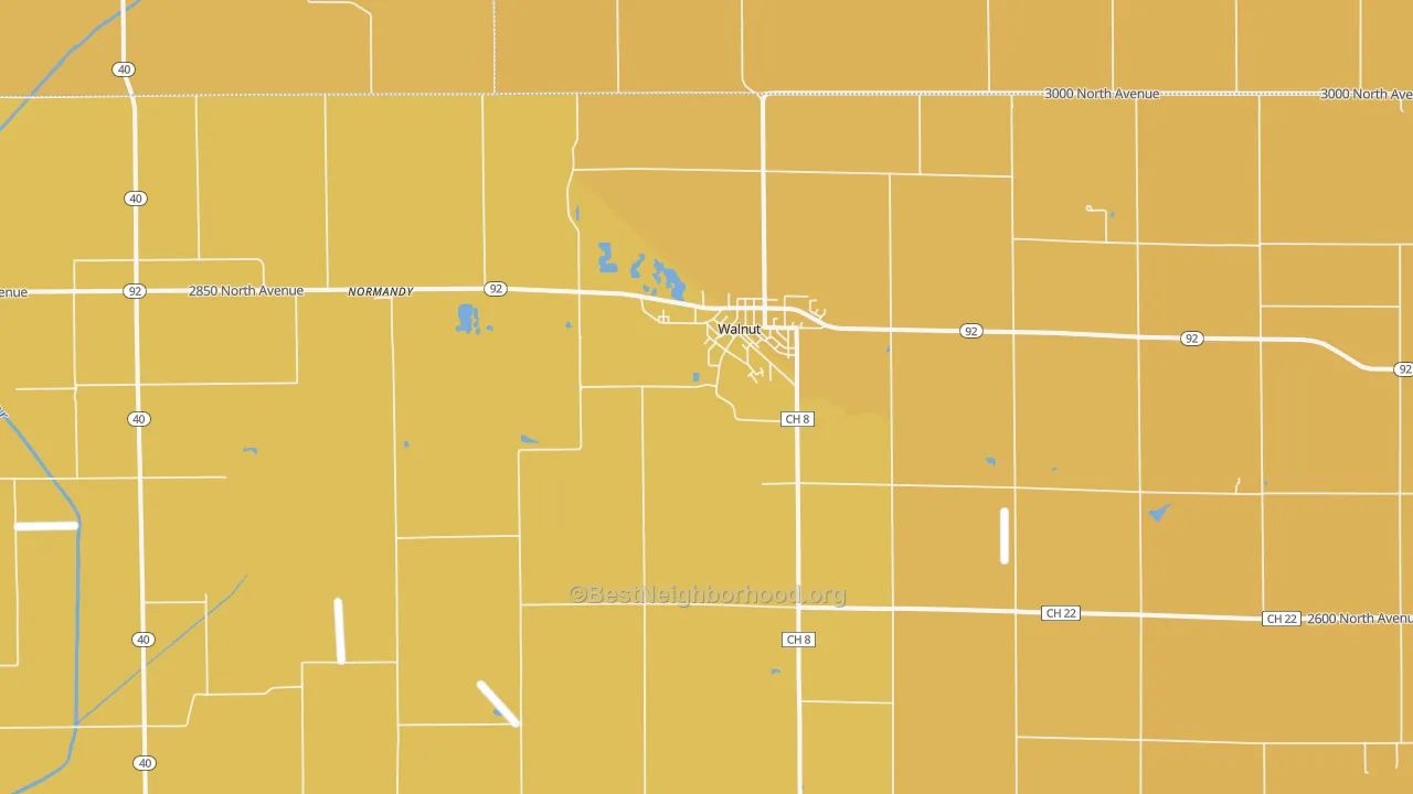 Map of the best neighborhoods in the 61376 area, with better matches in green and worse matches in red