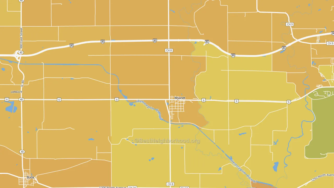 Map of the best neighborhoods in the 61379 area, with better matches in green and worse matches in red