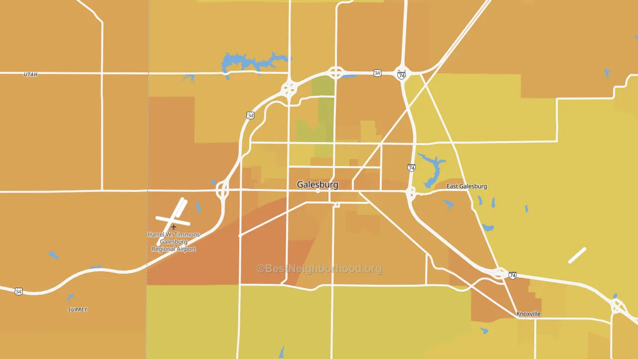 Map of the best neighborhoods in the 61401 area, with better matches in green and worse matches in red