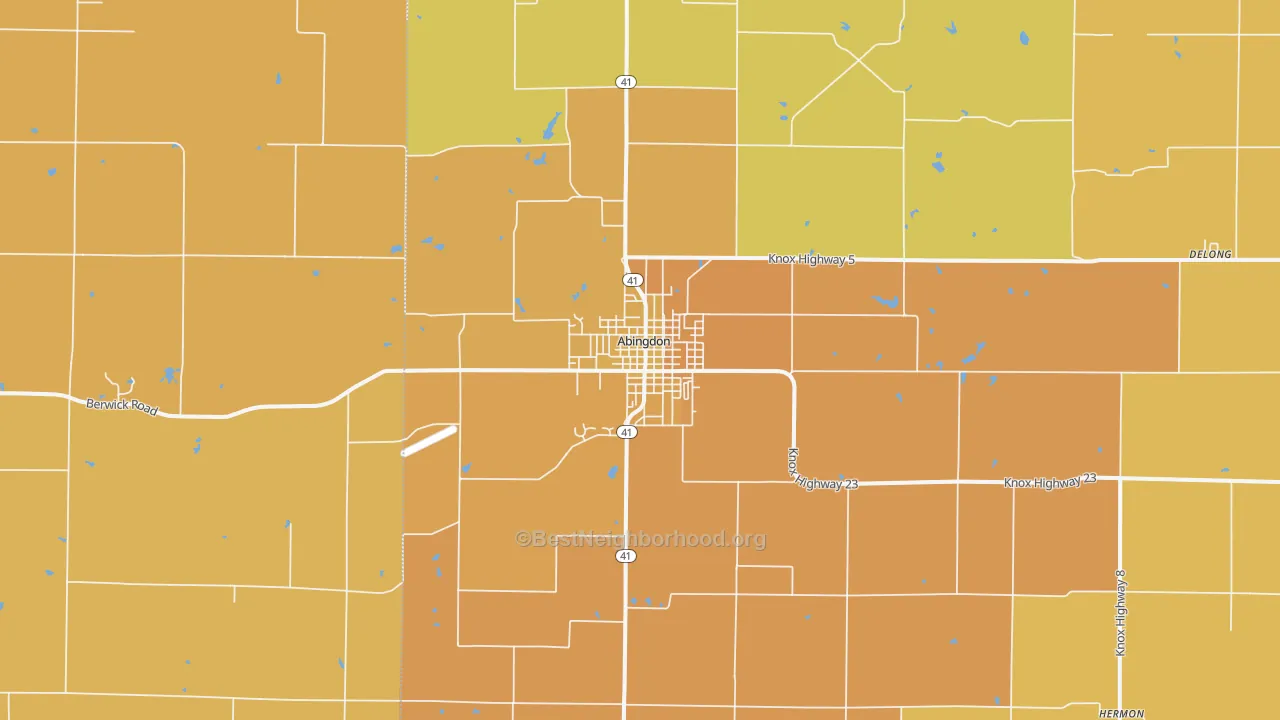 Map of the best neighborhoods in the 61410 area, with better matches in green and worse matches in red