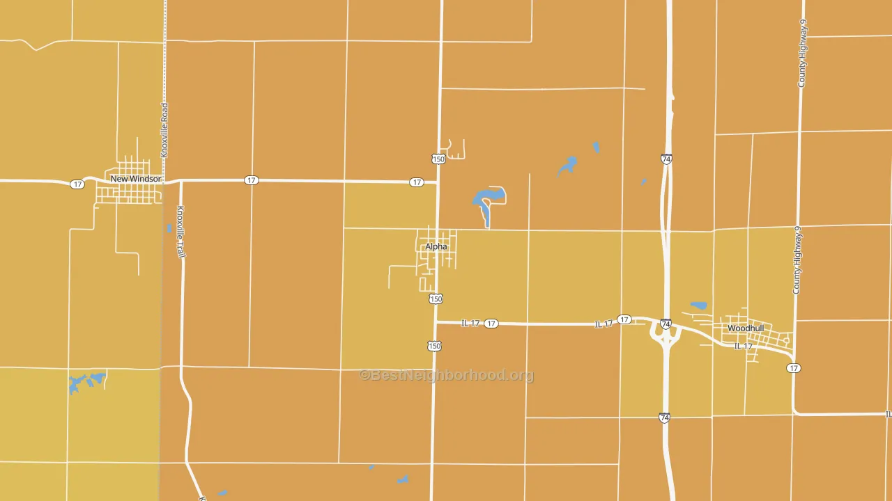 Map of the best neighborhoods in the 61413 area, with better matches in green and worse matches in red