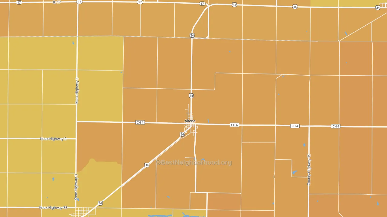 Map of the best neighborhoods in the 61414 area, with better matches in green and worse matches in red