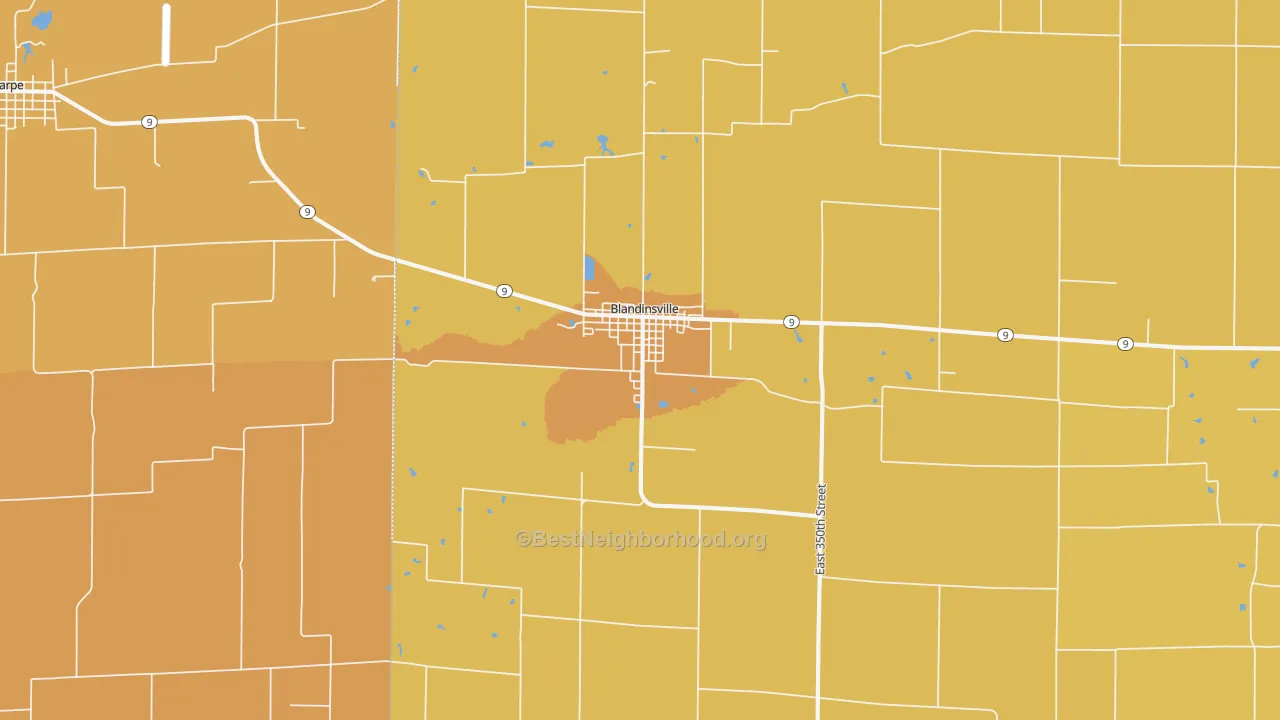 Map of the best neighborhoods in the 61420 area, with better matches in green and worse matches in red