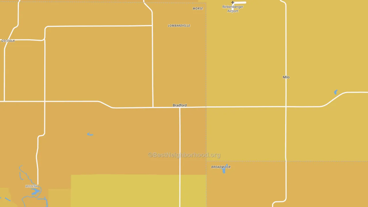 Map of the best neighborhoods in the 61421 area, with better matches in green and worse matches in red