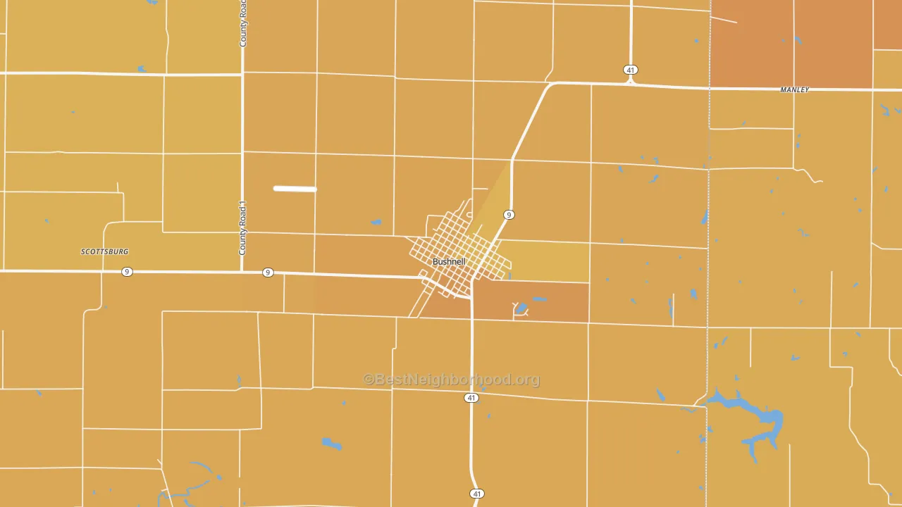 Map of the best neighborhoods in the 61422 area, with better matches in green and worse matches in red