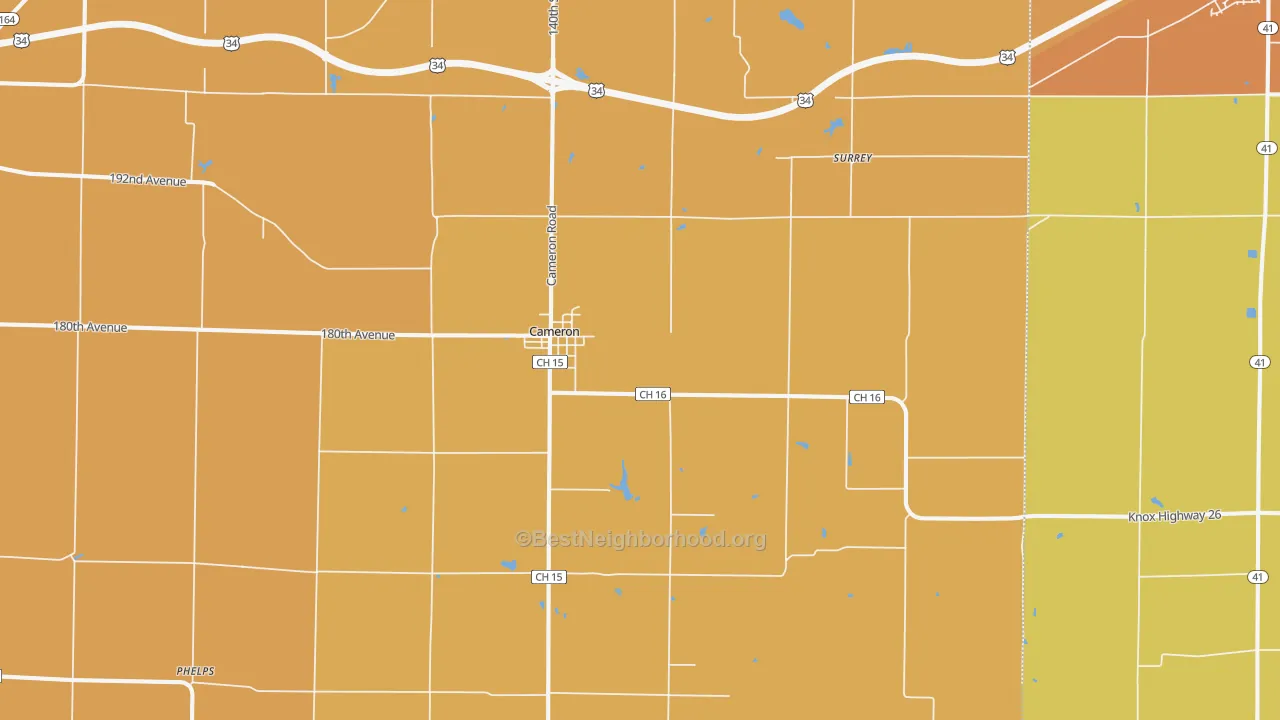 Map of the best neighborhoods in the 61423 area, with better matches in green and worse matches in red