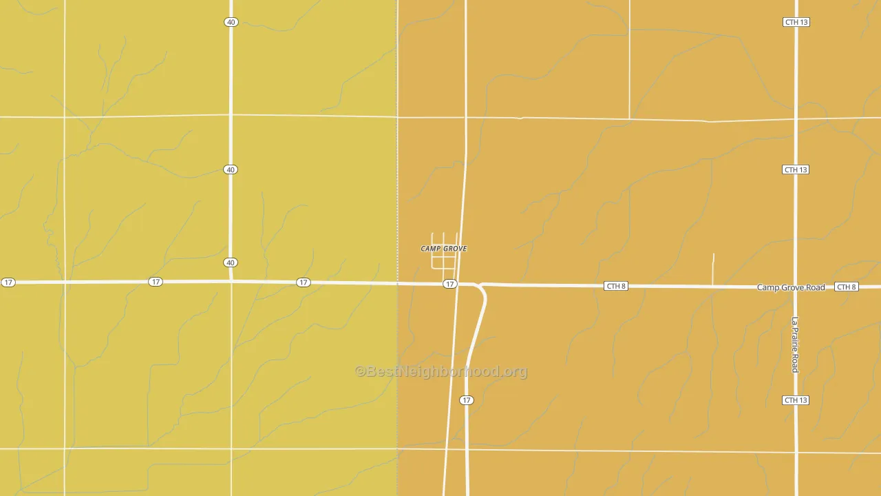 Map of the best neighborhoods in the 61424 area, with better matches in green and worse matches in red