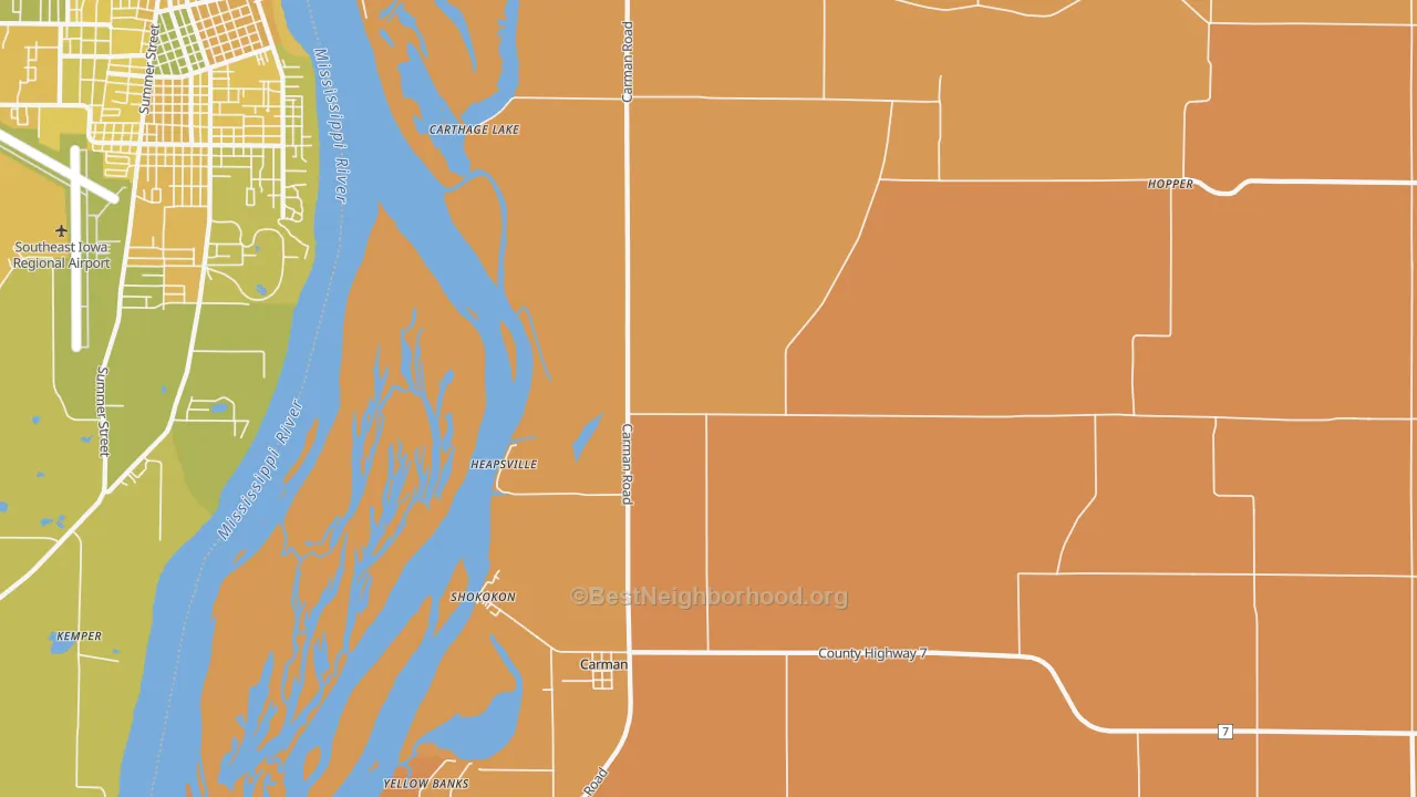 Map of the best neighborhoods in the 61425 area, with better matches in green and worse matches in red