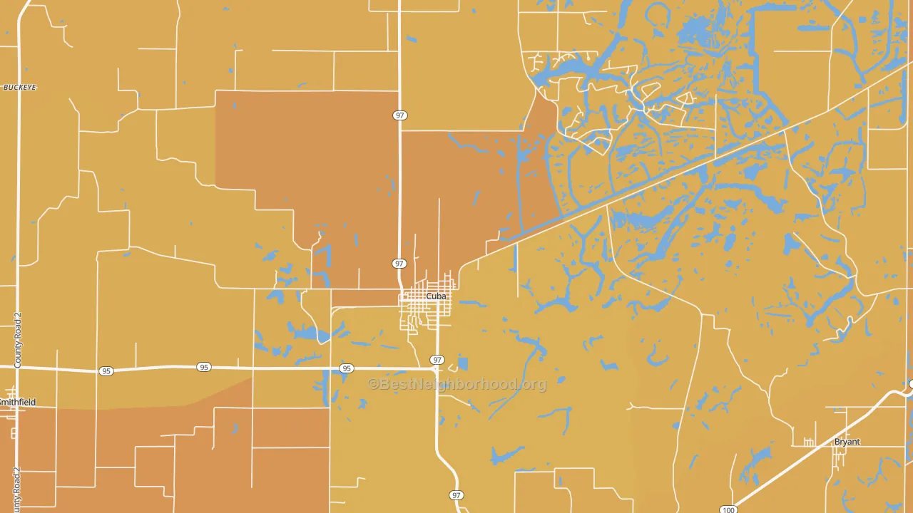 Map of the best neighborhoods in the 61427 area, with better matches in green and worse matches in red