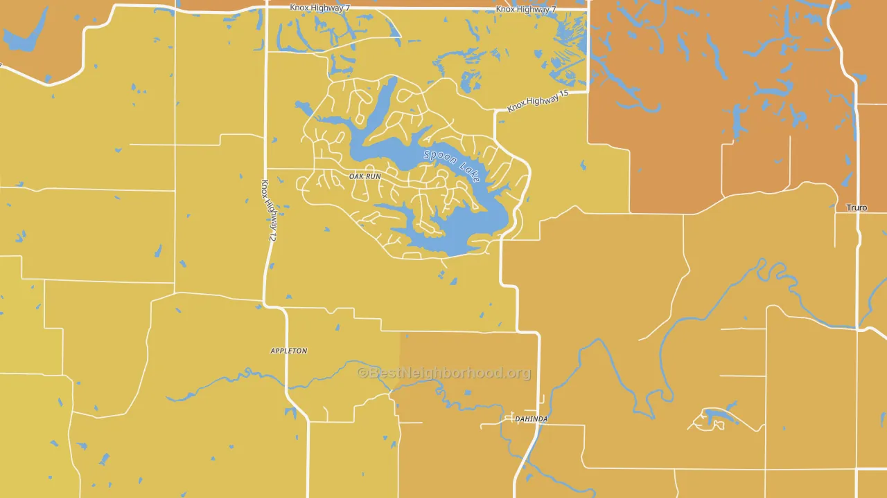 Map of the best neighborhoods in the 61428 area, with better matches in green and worse matches in red