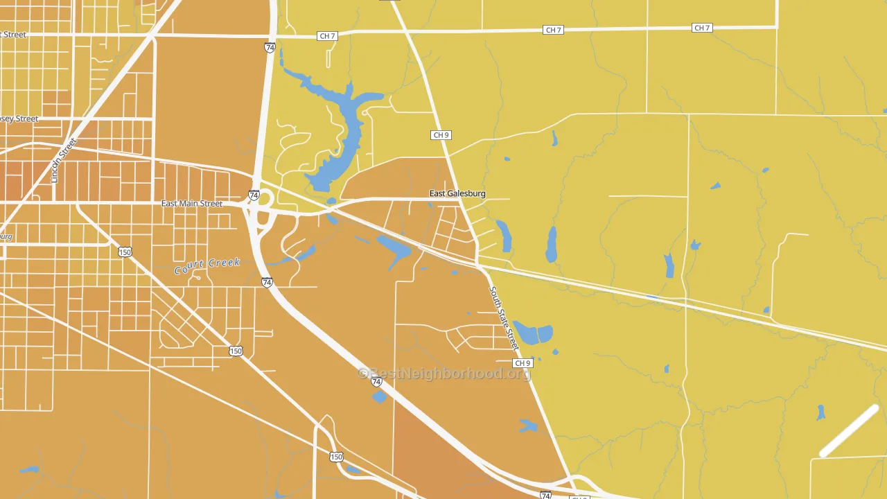 Map of the best neighborhoods in the 61430 area, with better matches in green and worse matches in red