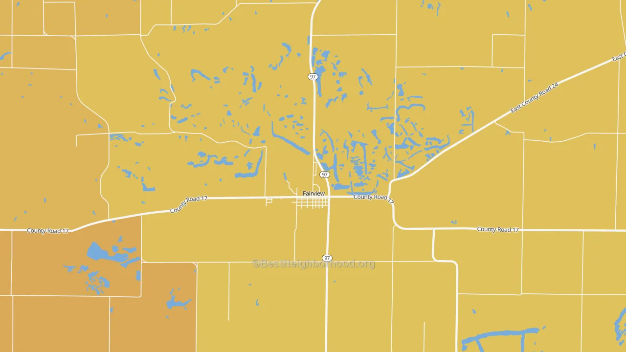 Map of the best neighborhoods in the 61432 area, with better matches in green and worse matches in red