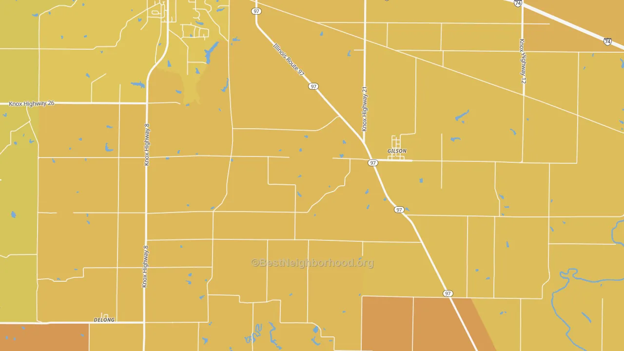 Map of the best neighborhoods in the 61436 area, with better matches in green and worse matches in red
