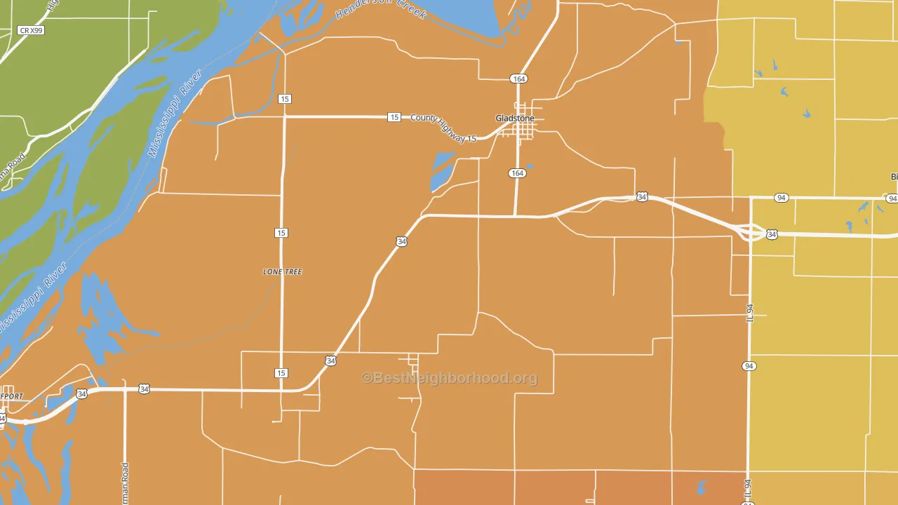 Map of the best neighborhoods in the 61437 area, with better matches in green and worse matches in red
