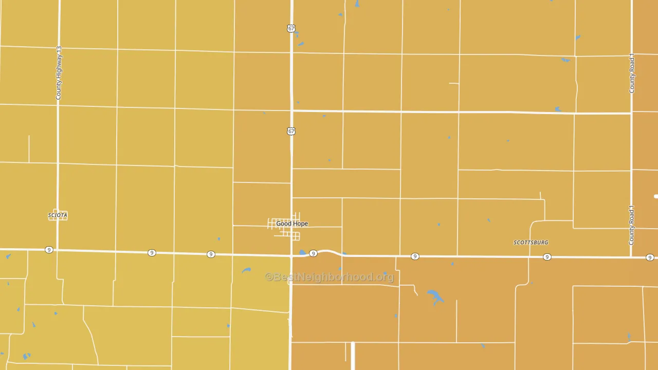 Map of the best neighborhoods in the 61438 area, with better matches in green and worse matches in red